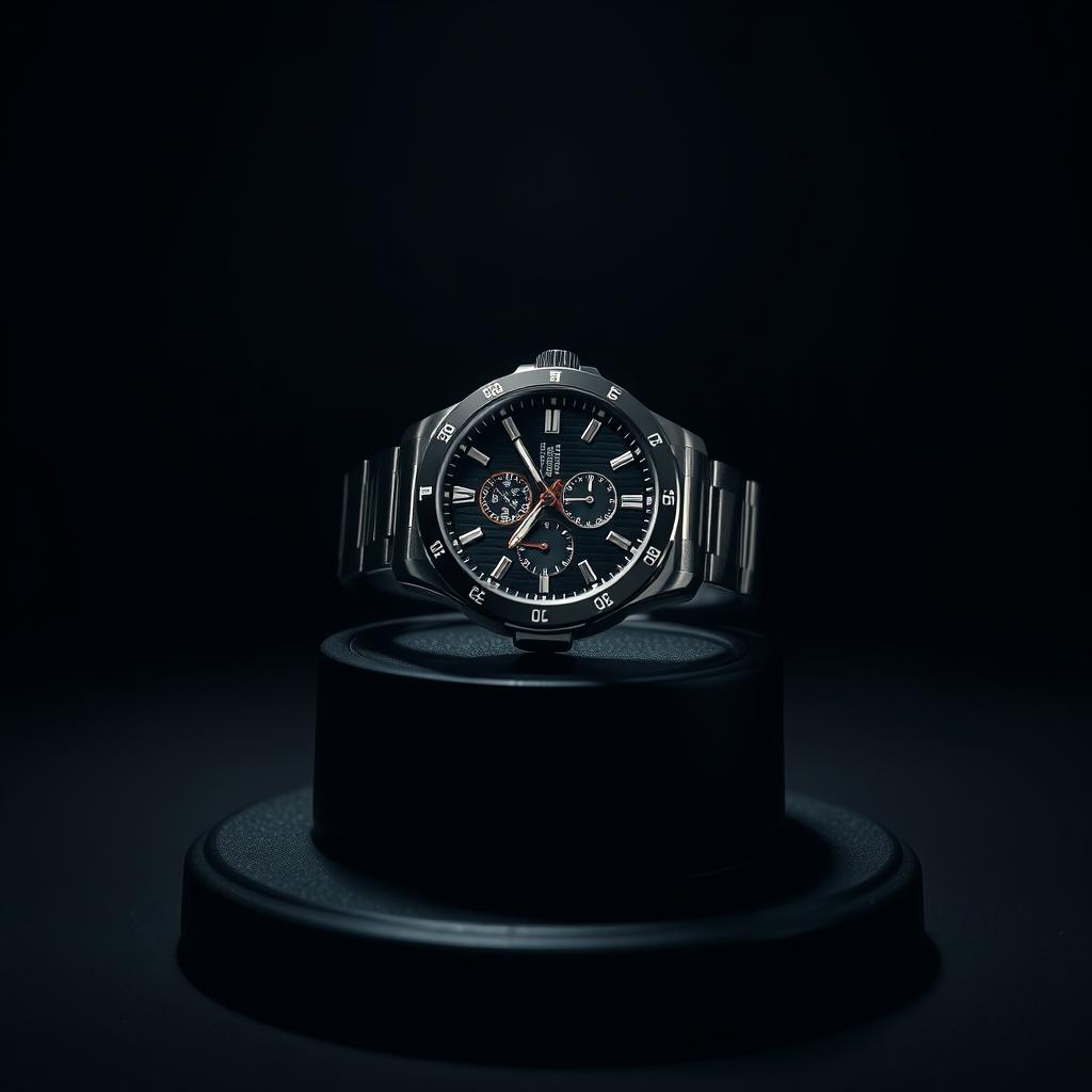 Advertising product photography — a premium wristwatch lit dramatically on a dark pedestal