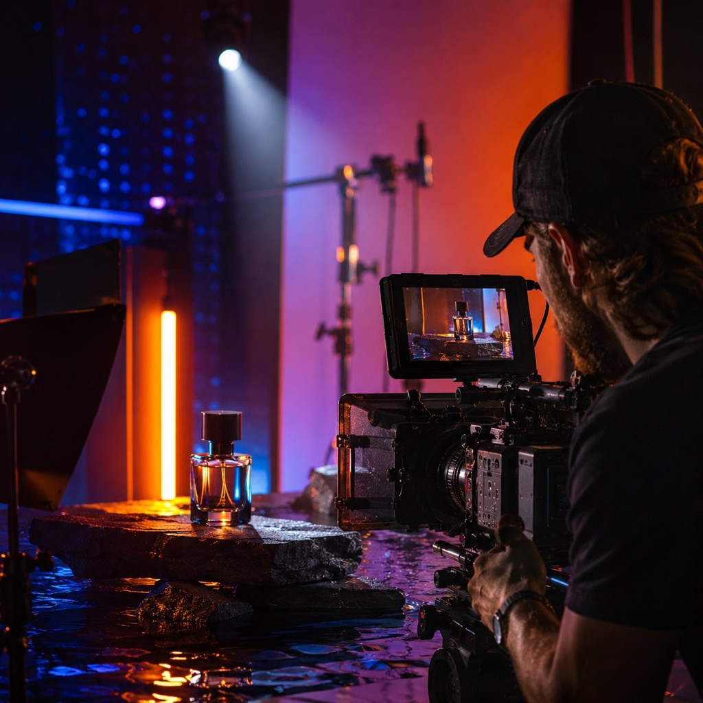 Amazon ad video production — a dynamic product ad film still with energetic lighting