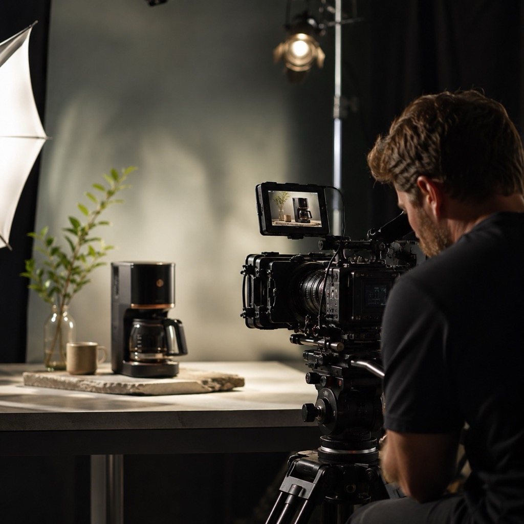 Amazon product video production in Delhi — a cinema camera filming a product on a lit set