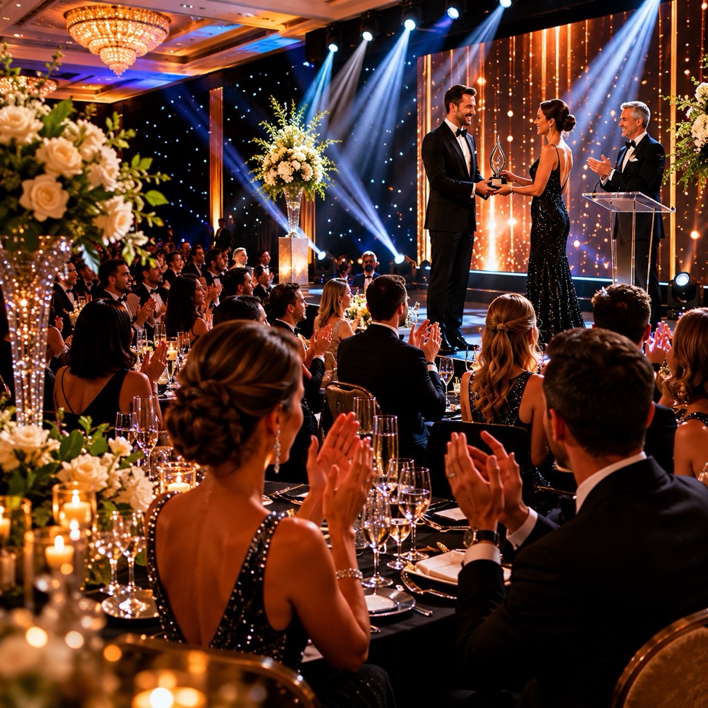 Award gala photography — a black-tie ceremony with guests and a glamorous stage