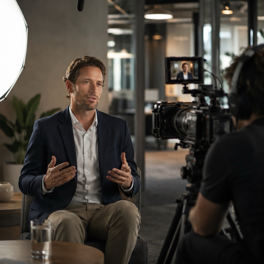 Brand and corporate video production — an interview setup with a cinema camera and softboxes