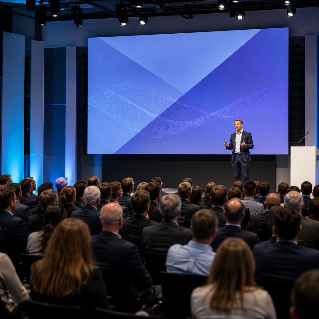 Corporate event photography in Delhi — a keynote speaker on stage at a conference
