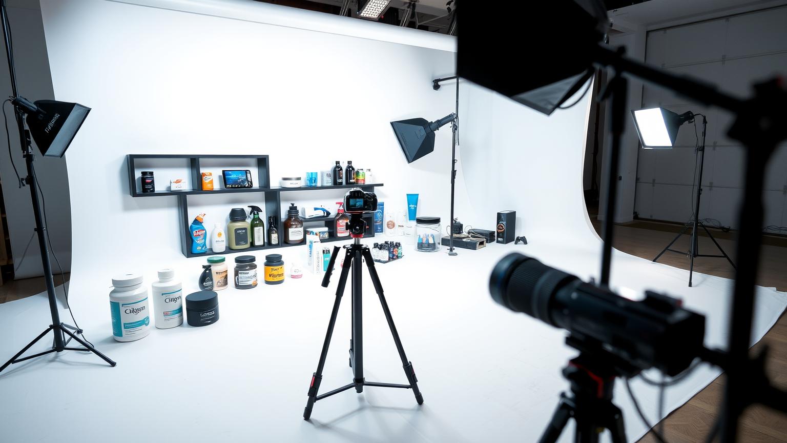 E-commerce product photography studio in Delhi — products arranged on a pure white seamless sweep under studio lighting