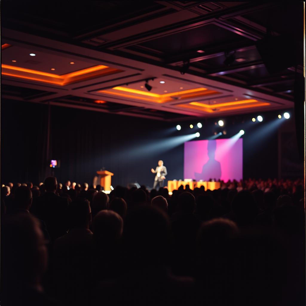Event photography in Delhi — a speaker on stage at a corporate conference with stage lighting
