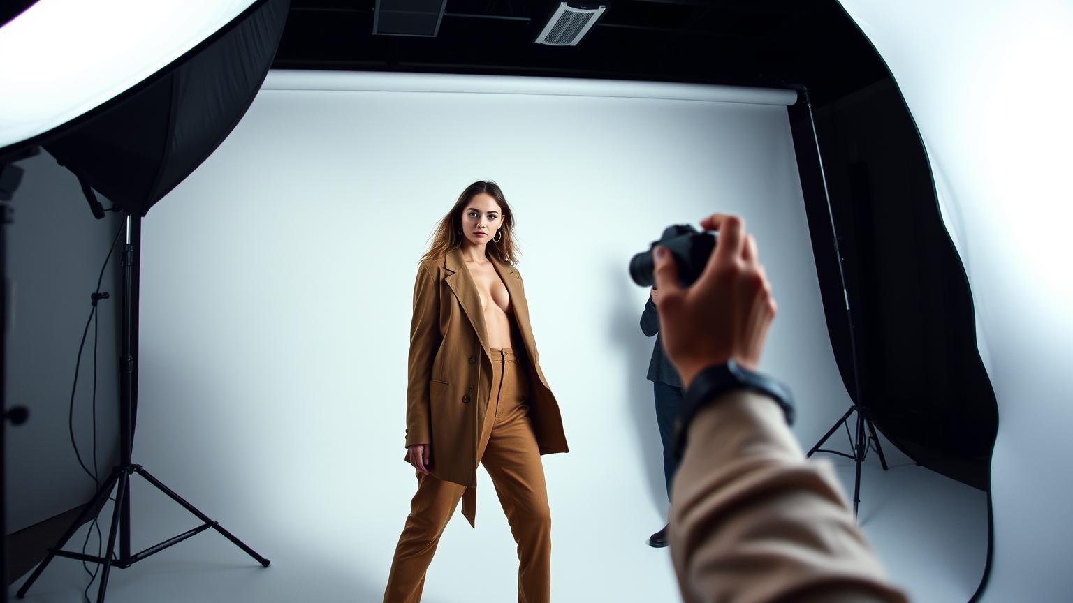 Fashion photography studio in Delhi — a model posing under dramatic studio lighting for an editorial shoot