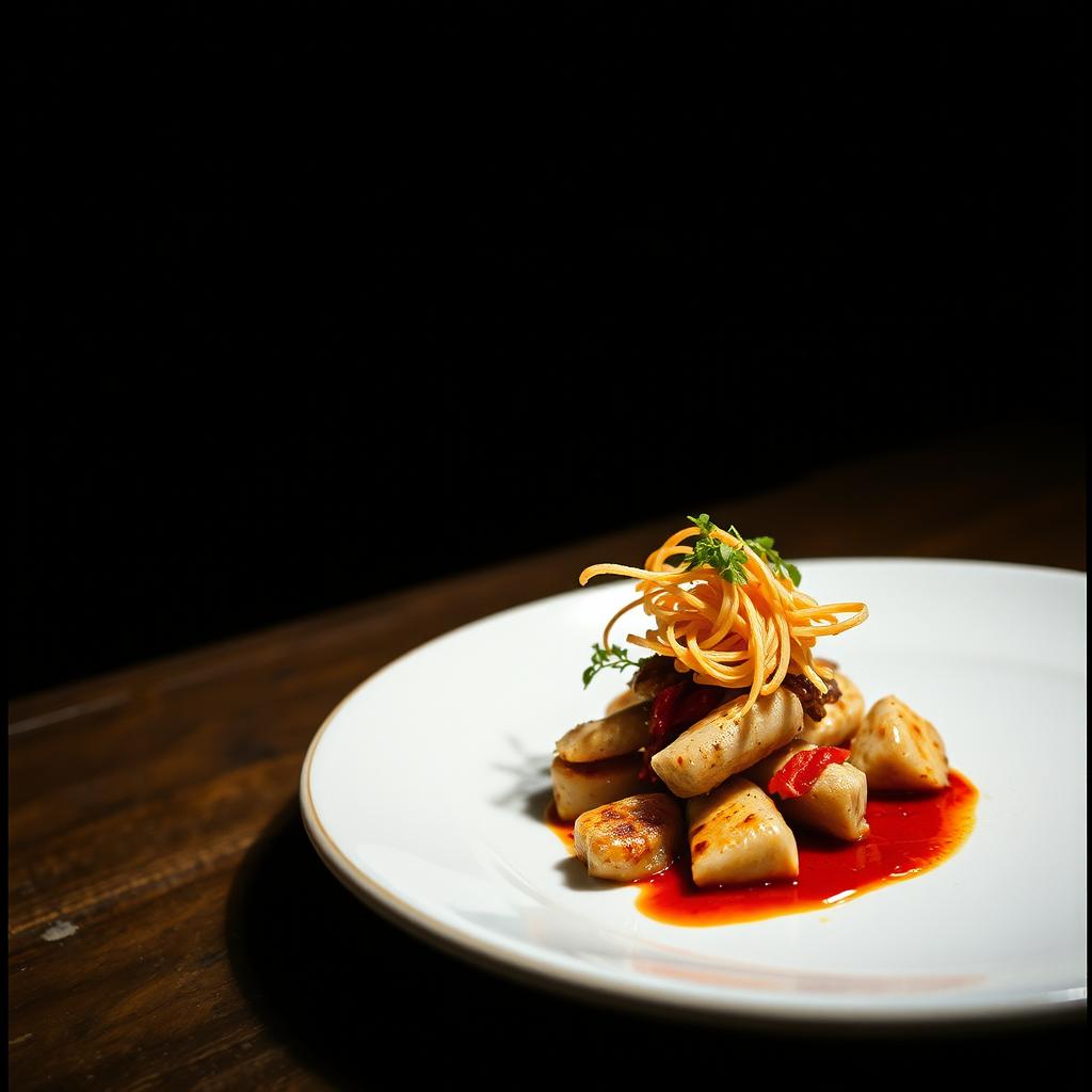 Food photography in Delhi — a plated gourmet dish lit dramatically for a restaurant menu