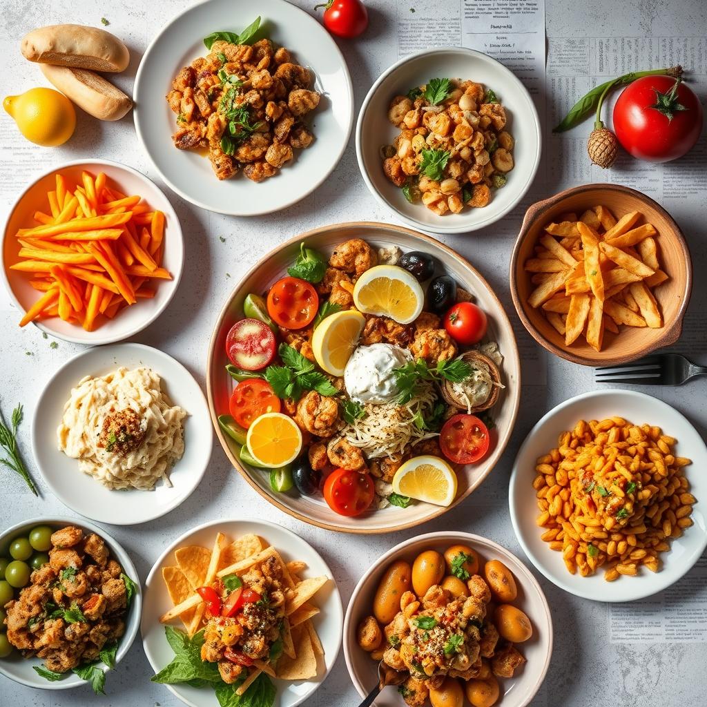 Social food photography — a vibrant overhead flat-lay food spread for Instagram and delivery apps