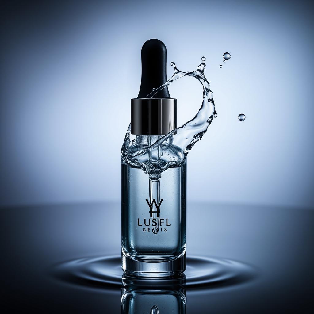 Liquid and cosmetic product photography — a serum bottle with a frozen liquid splash