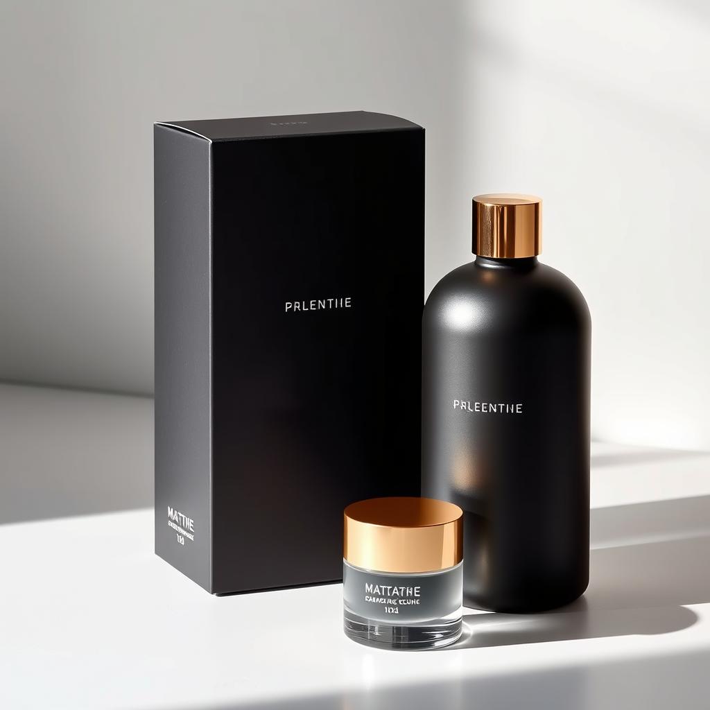 Packaging photography — a matte product box and bottle styled on a clean minimal set