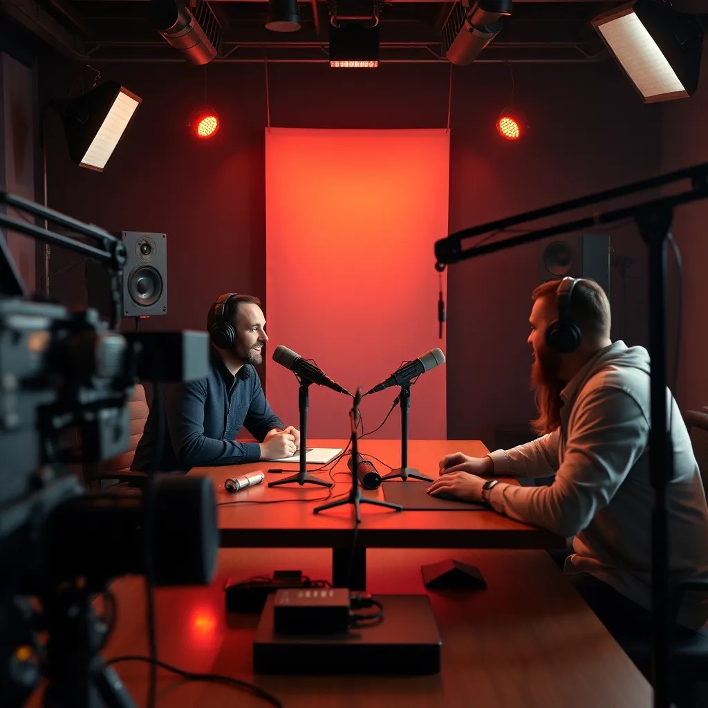 Podcast video production in Delhi — a multi-camera podcast set with broadcast microphones
