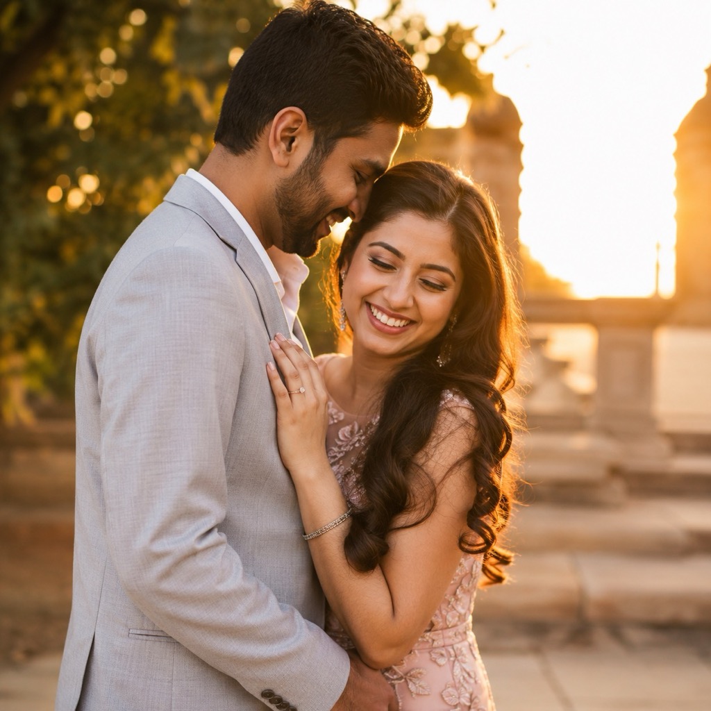 Pre-wedding shoot photography in Delhi — a couple at golden hour in an outdoor location