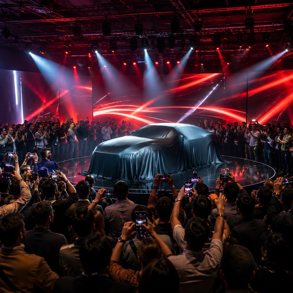 Product launch event photography — a brand launch stage and crowd of guests