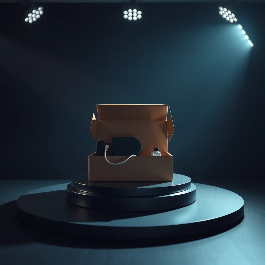 Product unboxing and 360 video — a product on a rotating turntable under studio lighting