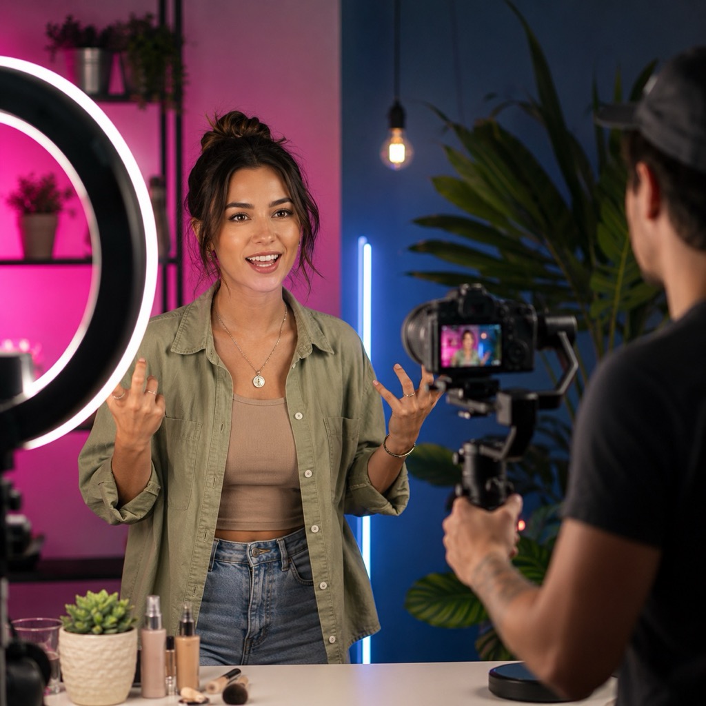 Social and reels video production in Delhi — a creator filmed on a gimbal with a ring light