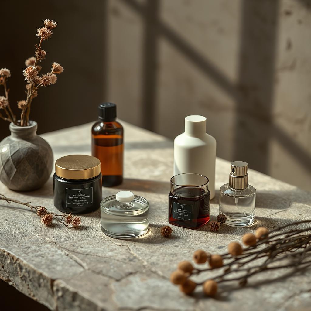 Still life product photography — a curated arrangement of premium objects on a textured surface