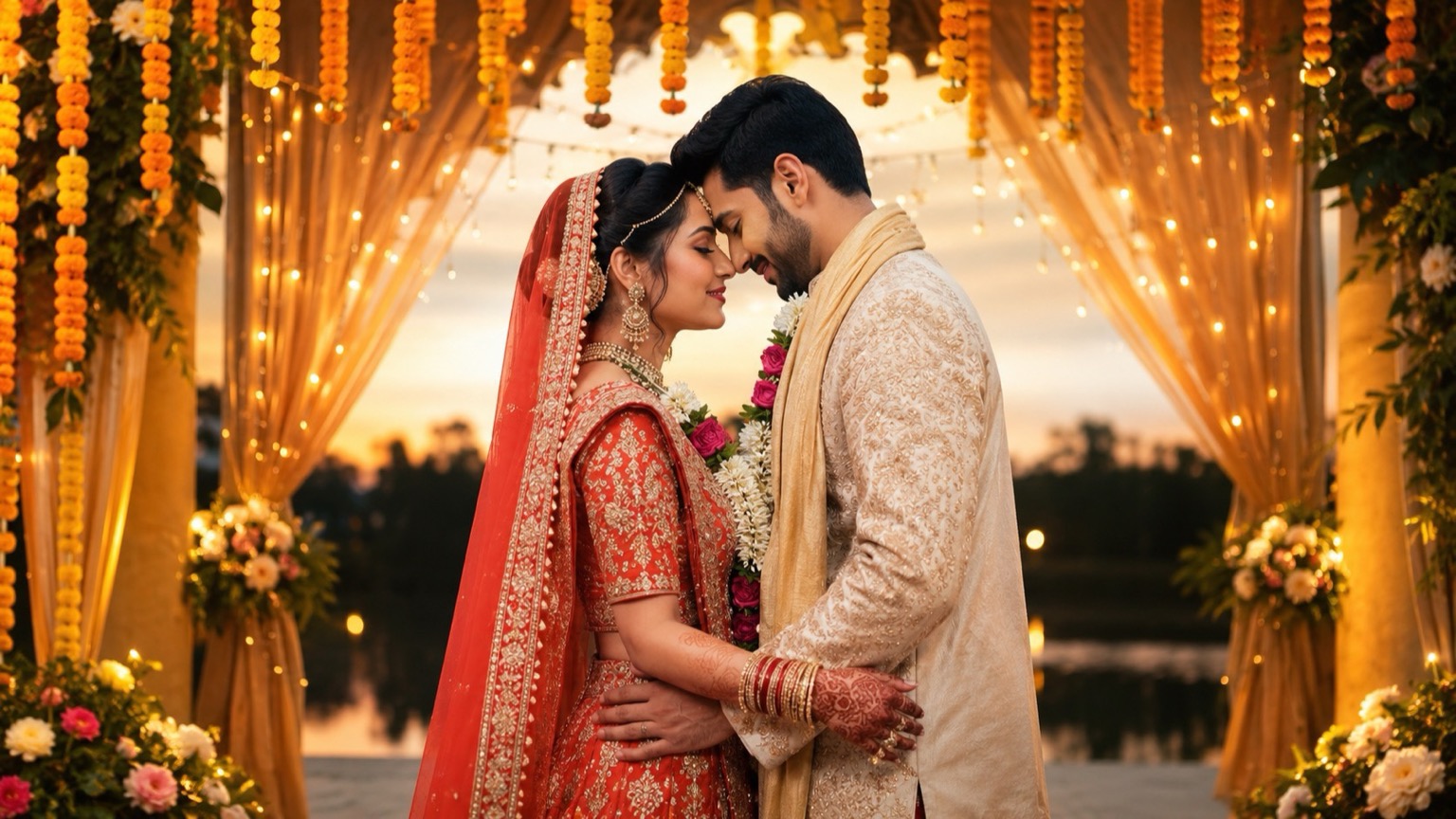 Wedding photography in Delhi — a couple in traditional wedding attire at a decorated venue in golden-hour light