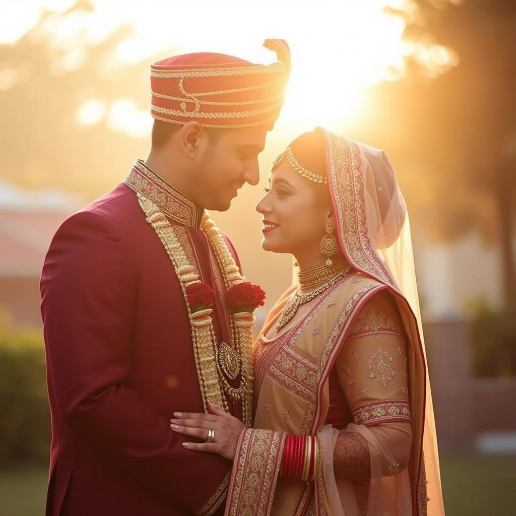 Wedding photography in Delhi — a couple in traditional Indian wedding attire in a golden-hour moment